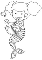 Mermaid play the harp black and white doodle character