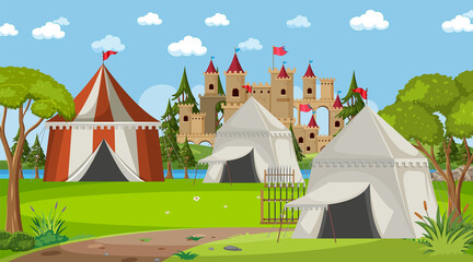 Medieval town scene camp with tents and castle