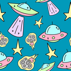 Fototapeta premium Vector Seamless childish space pattern with rockets, asteroids and ufo.