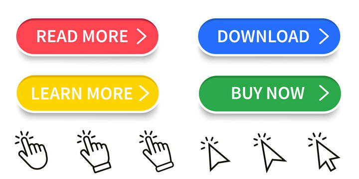 Read more, download and buy now modern buttons set for web site. Hand pointer and arrow clicking set. Vector