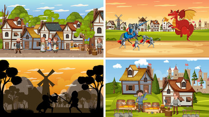 Set of different scene medieval with silhouette