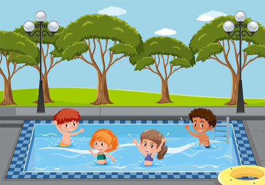 Outdoor swimming pool scene with children