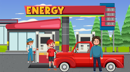 Gas station cartoon scene
