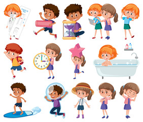 Set of children doing different activities on white background