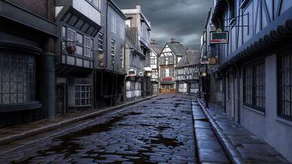 Old Victorian street with cobblestones in a town or city under grey cloudy sky. 3D illustration. - obrazy, fototapety, plakaty
