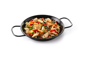 Chicken stir fry and vegetables isolated on white background