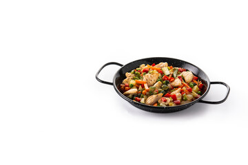 Chicken stir fry and vegetables isolated on white background. Copy space