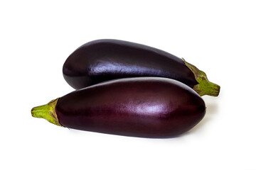 Two ripe eggplants, with dark purple skin on a white background