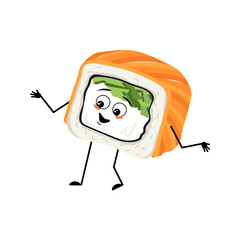 Sushi character with joyful emotions, happy face, smile, eyes, arms and legs. Person with funny expression, asian food emoticon. Vector flat illustration