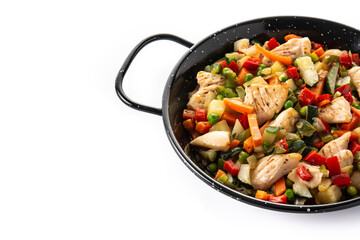 Chicken stir fry and vegetables isolated on white background