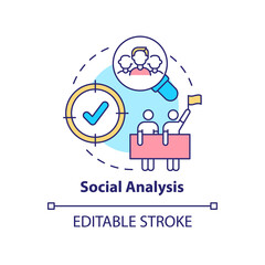 Social analysis concept icon. Research of issue. Social planning organizes abstract idea thin line illustration. Isolated outline drawing. Editable stroke. Arial, Myriad Pro-Bold fonts used