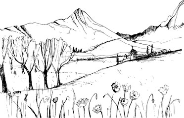 Georgian Landscape Sketch Hand Drawn Illustration © Good Studio