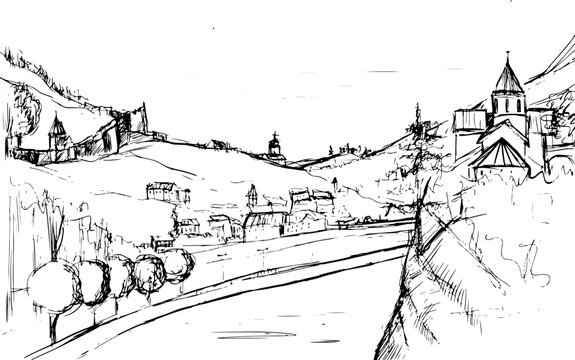 Georgian Landscape Hand Drawn Contour Illustration