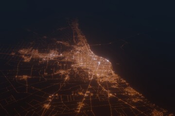 Aerial shot of Rosario (Argentina) at night, view from south. Imitation of satellite view on modern city with street lights and glow effect. 3d render
