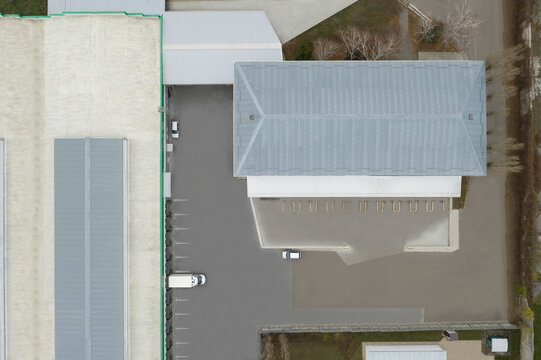 Aerial top view of warehouse. Logistics center