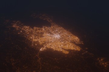 Aerial shot of San Jose (California, USA) at night, view from south. Imitation of satellite view on modern city with street lights and glow effect. 3d render
