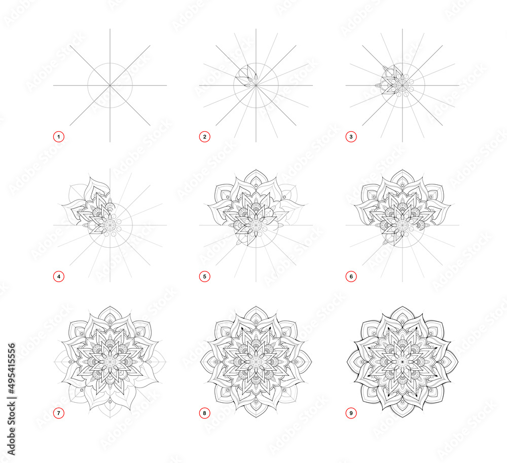 Wall mural page shows how to learn to draw sketch of beautiful oriental mandala. creation step by step pencil d