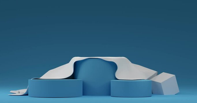 Realistic fabric falling on the podium. Blue background. 3d render. 4k video.