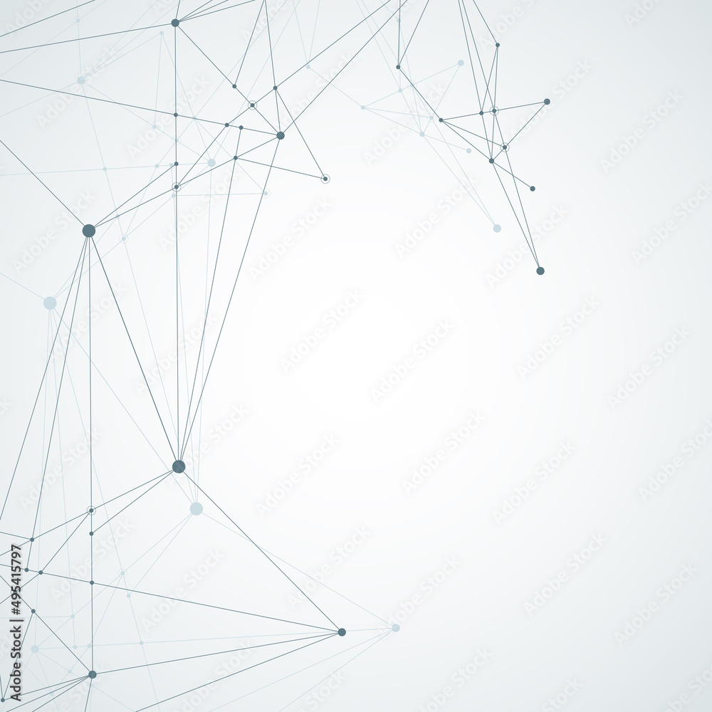 Poster Abstract polygonal background with connected lines and dots. Minimalistic gray geometric pattern. Molecule structure and communication. Graphic plexus background. Science, medicine, technology concept