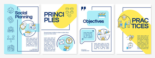 Social planning guideline blue and yellow brochure template. Leaflet design with linear icons. 4 vector layouts for presentation, annual reports. Questrial, Lato-Regular fonts used
