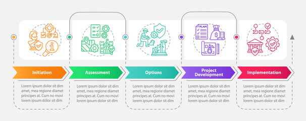 Heritage conservation process rectangle infographic template. Data visualization with 5 steps. Process timeline info chart. Workflow layout with line icons. Myriad Pro-Bold, Regular fonts used