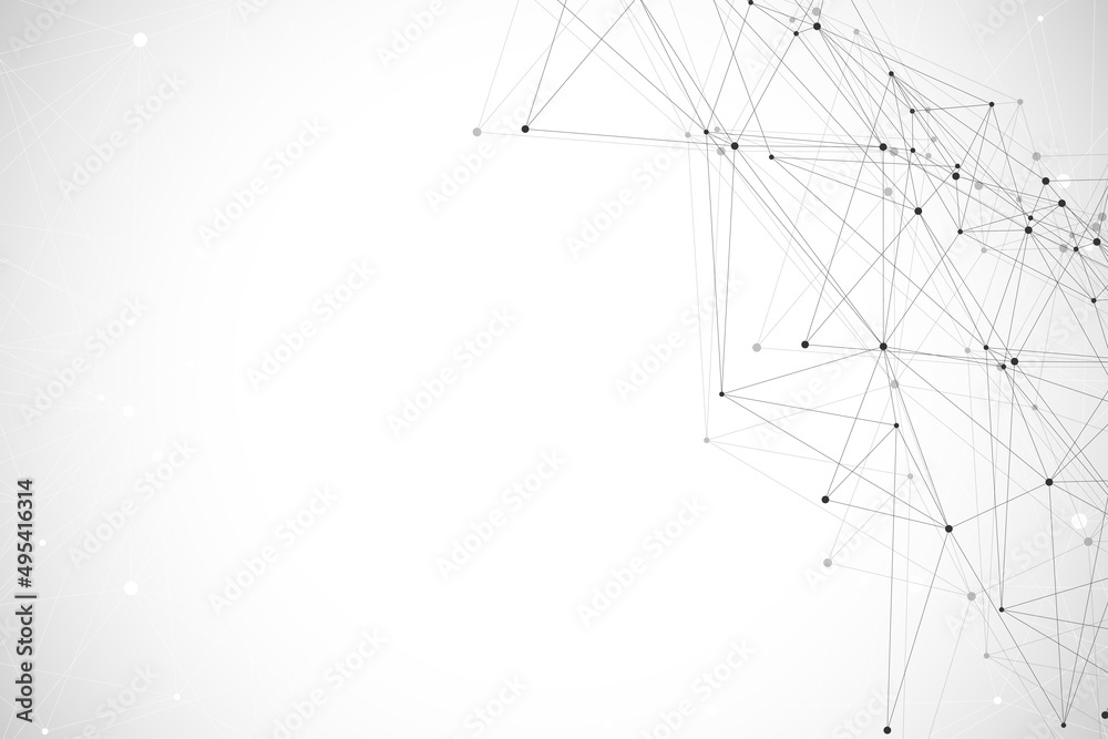 Poster Abstract plexus background with connected lines and dots. Wave flow. Plexus geometric effect Big data with compounds. Lines plexus, minimal array. Digital data visualization, illustration