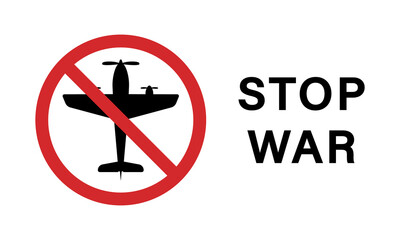 Military Vintage Airplane Ban Sign. Army Aircraft Weapon Warning Symbol. No Jet Icon. War Retro Plane Silhouette Red Stop Symbol. Block Air Flight Biplane Sign. Isolated Vector Illustration