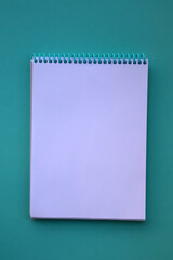 Planner layout, open blank spiral notebook for design, lettering, text, template. Blue background, pen.
