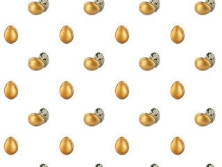 Set with shiny golden eggs and quail ones on white background
