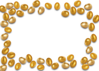 Frame made of shiny golden eggs on white background, top view