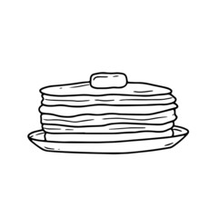 A stack of pancakes with butter in a simple linear doodle style. Vector isolated food illustration.
