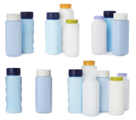 Set of baby powder bottles on white background