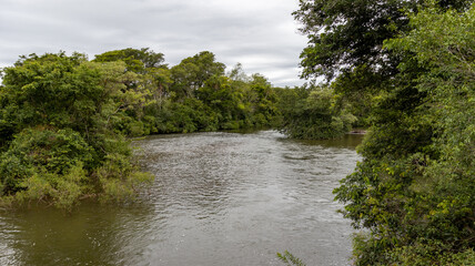 Rio correndo no meio da floresta, águas no meio ambiente sustentável.