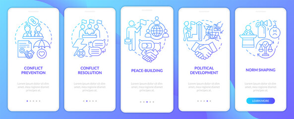 Community security blue gradient onboarding mobile app screen. Protection walkthrough 5 steps graphic instructions pages with linear concepts. UI, UX, GUI template. Myriad Pro-Bold, Regular fonts used