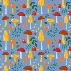 Autumn leaves and mushrooms seamless pattern. Hand drawn in cartoon style mushrooms on blue background repeat print. Fall nature cute background.