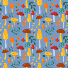 Obraz premium Autumn leaves and mushrooms seamless pattern. Hand drawn in cartoon style mushrooms on blue background repeat print. Fall nature cute background.