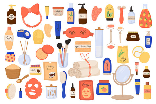 Skin care products cartoon set. Colorful bottles, glass jars, tubes. Cosmetics collection. Woman skincare stuff, girls accessory. Natural face care products. Hand drawn vector illustration isolated.