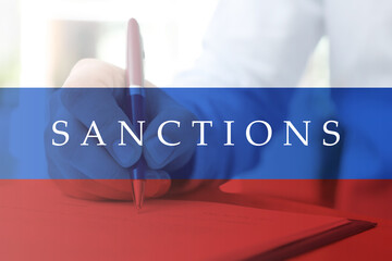 Double exposure of Russian flag and man with pen, closeup. Concept of sanctions against Russia
