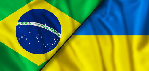 Flags of Ukraine and Brazil. Independent Ukraine. The national flag of Brazil. Europe. 3D illustration.