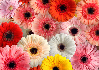 Many different beautiful gerbera flowers as background