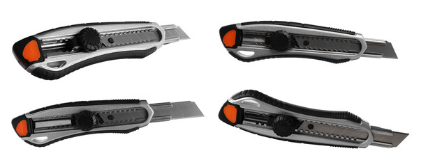 Obraz premium Set with utility knives on white background. Banner design