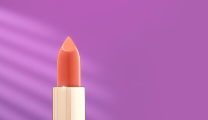 A bright red lipstick in a gold case on a purple background. Decorative cosmetics on a bright violet background with sunlight. Facial cosmetic, fashion, makeup. Minimalistic design, copy space