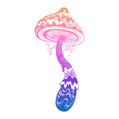 Magic mushrooms. Psychedelic hallucination. Gradient colorful vector illustration isolated on white. 60s trippy hippie art.