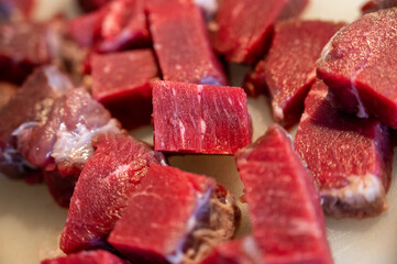 Raw meat prepared for czech traditional goulash