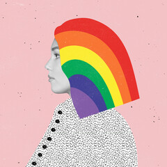 Contemporary art collage. Beautiful young girl with rainbow colored hair isolated over pink background. LGBTQIA suport.