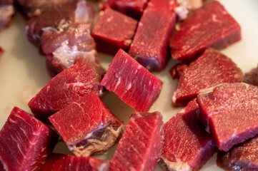 Raw meat prepared for czech traditional goulash