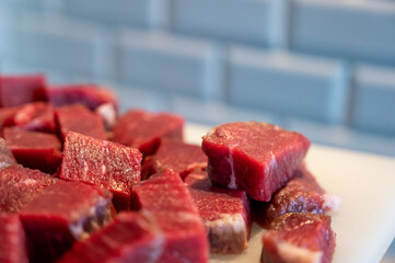 Raw meat prepared for czech traditional goulash