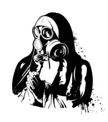 Nun in gas mask. Vector illustration. graffiti © tettygreen