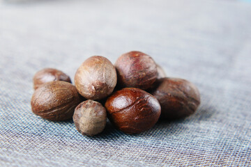 Ground nutmeg on table close up ,