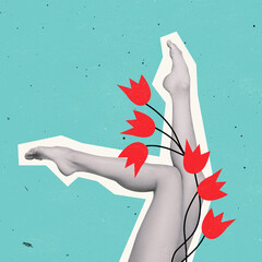 Contemporray art collage. Beautiful female body, tender slim legs with flowers isolated on mint...